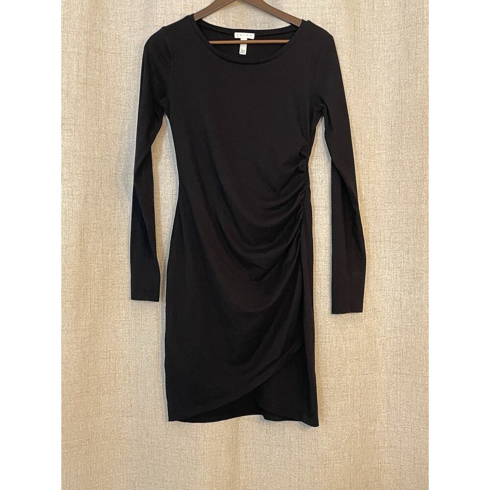 Leith Ruched Bodycon Dress Black Long Sleeve Knee Length Size Medium - Picture 1 of 5